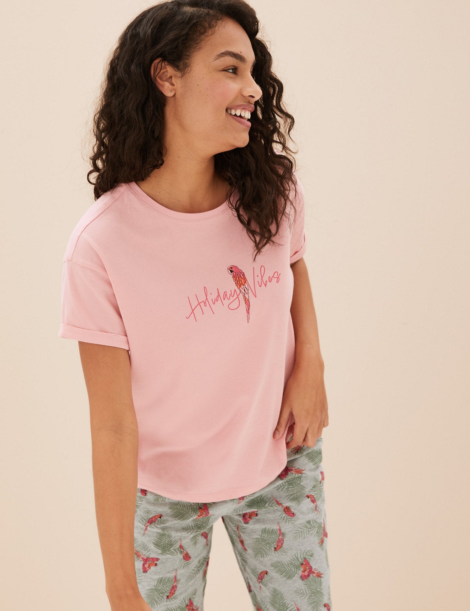 Cotton Rich Parrot Print Cropped Pyjama Set