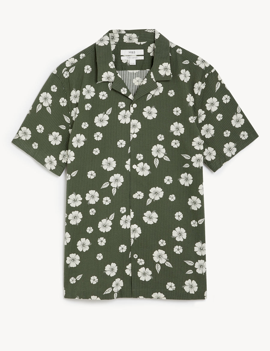 Pure Cotton Seersucker Cuban Collar Shirt