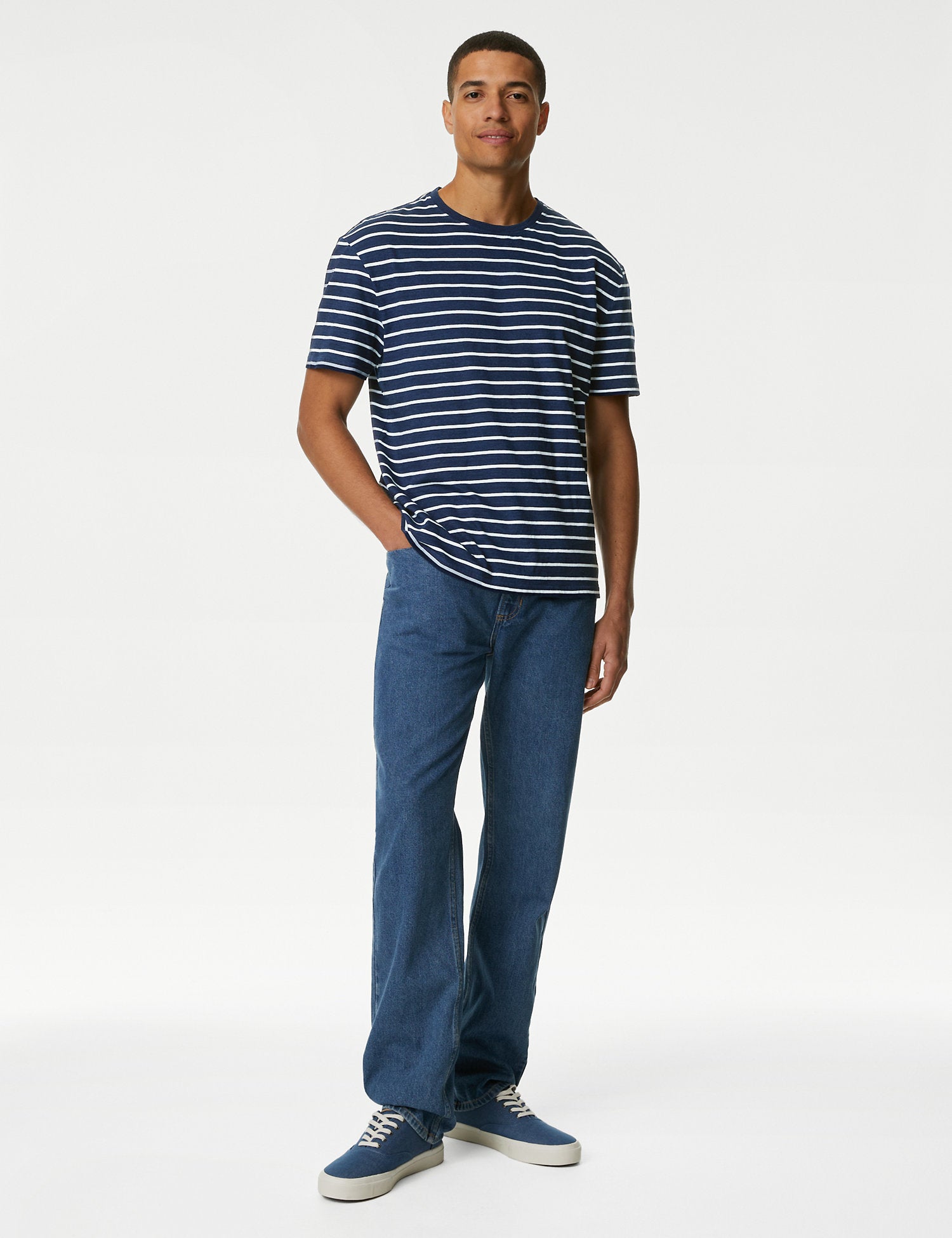 Pure Cotton Emroidered M&S Logo Striped T-Shirt