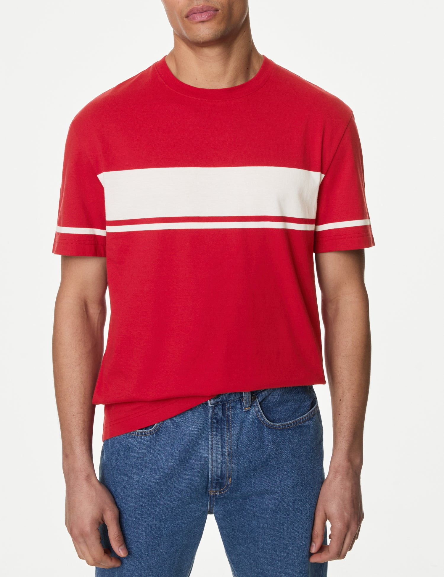 Pure Cotton Crew Neck Chest Stripe T-Shirt