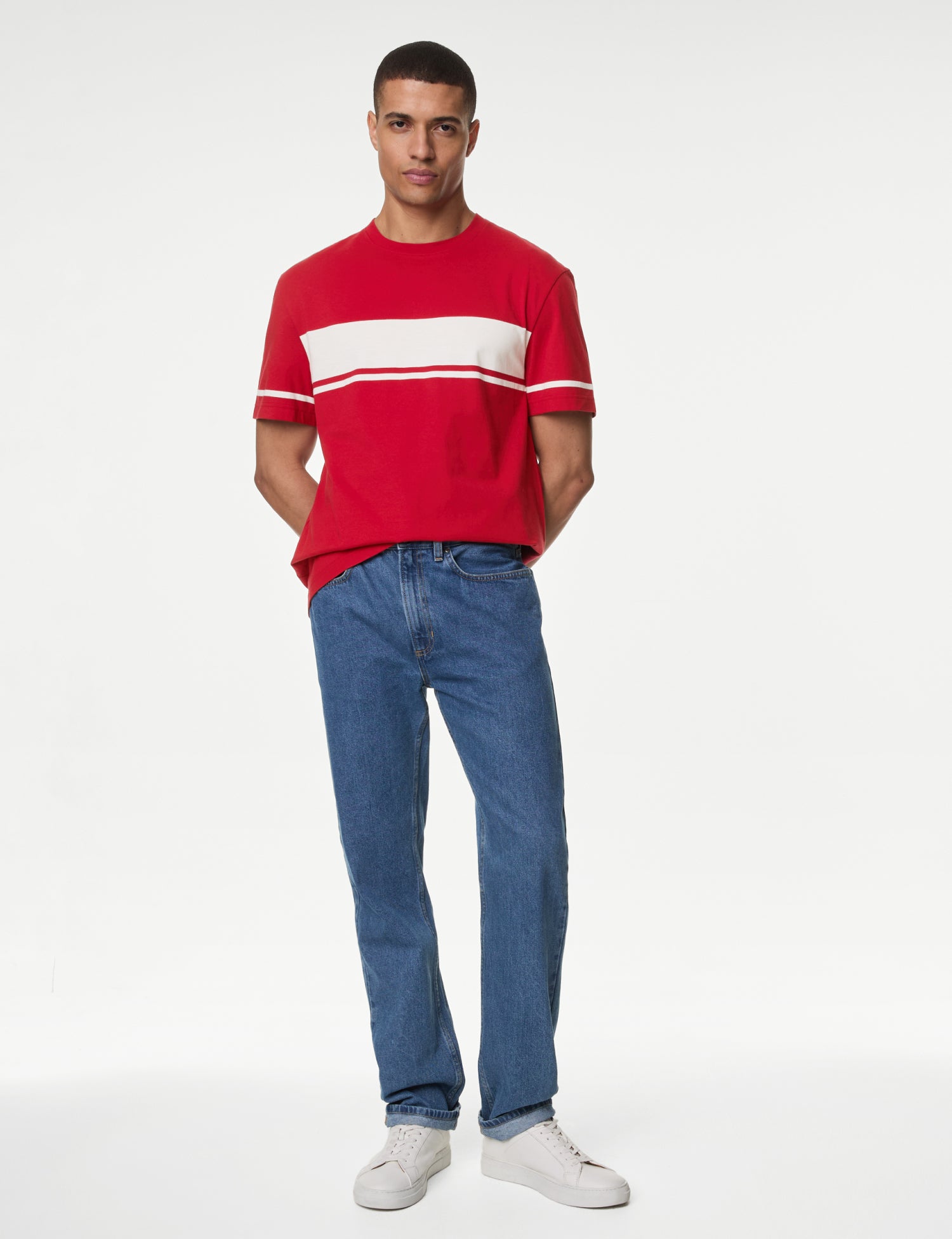 Pure Cotton Crew Neck Chest Stripe T-Shirt