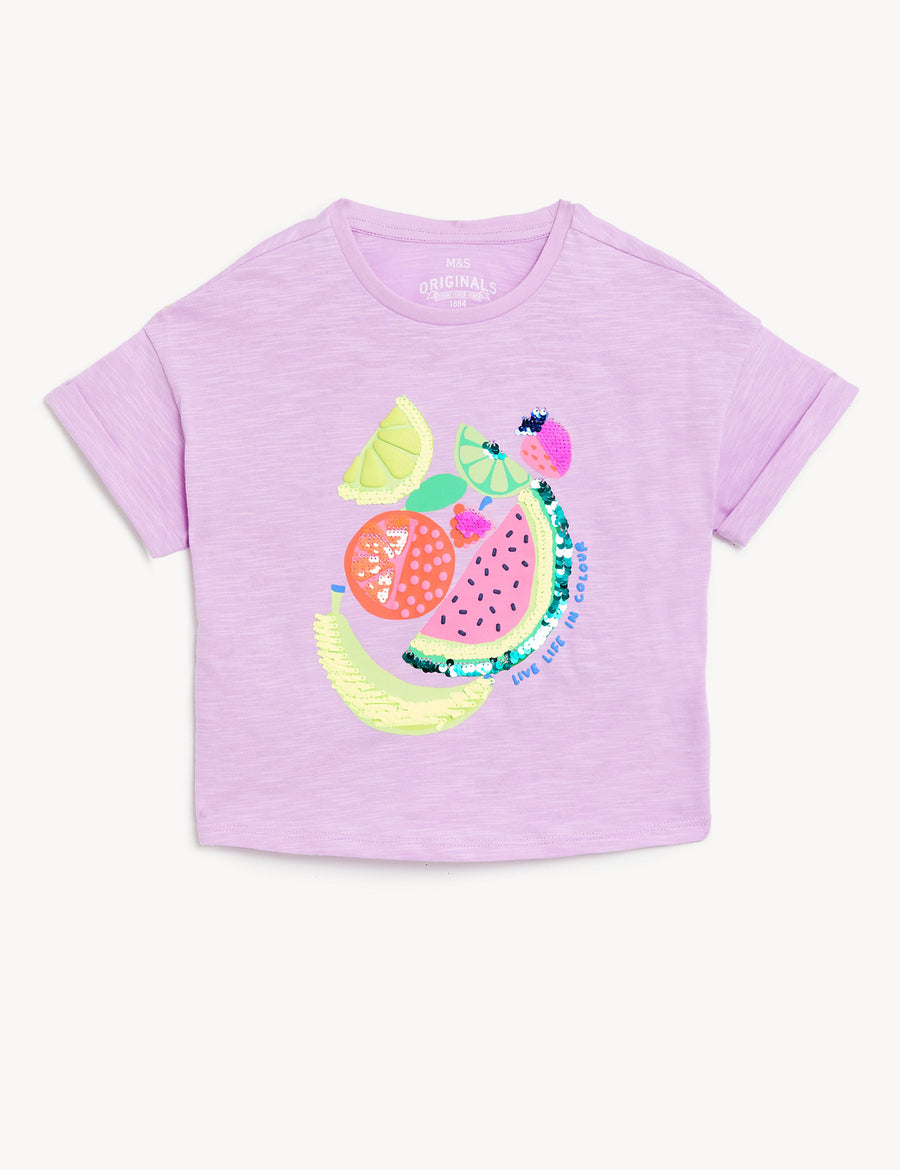 Pure Cotton Sequin Fruit T-Shirt