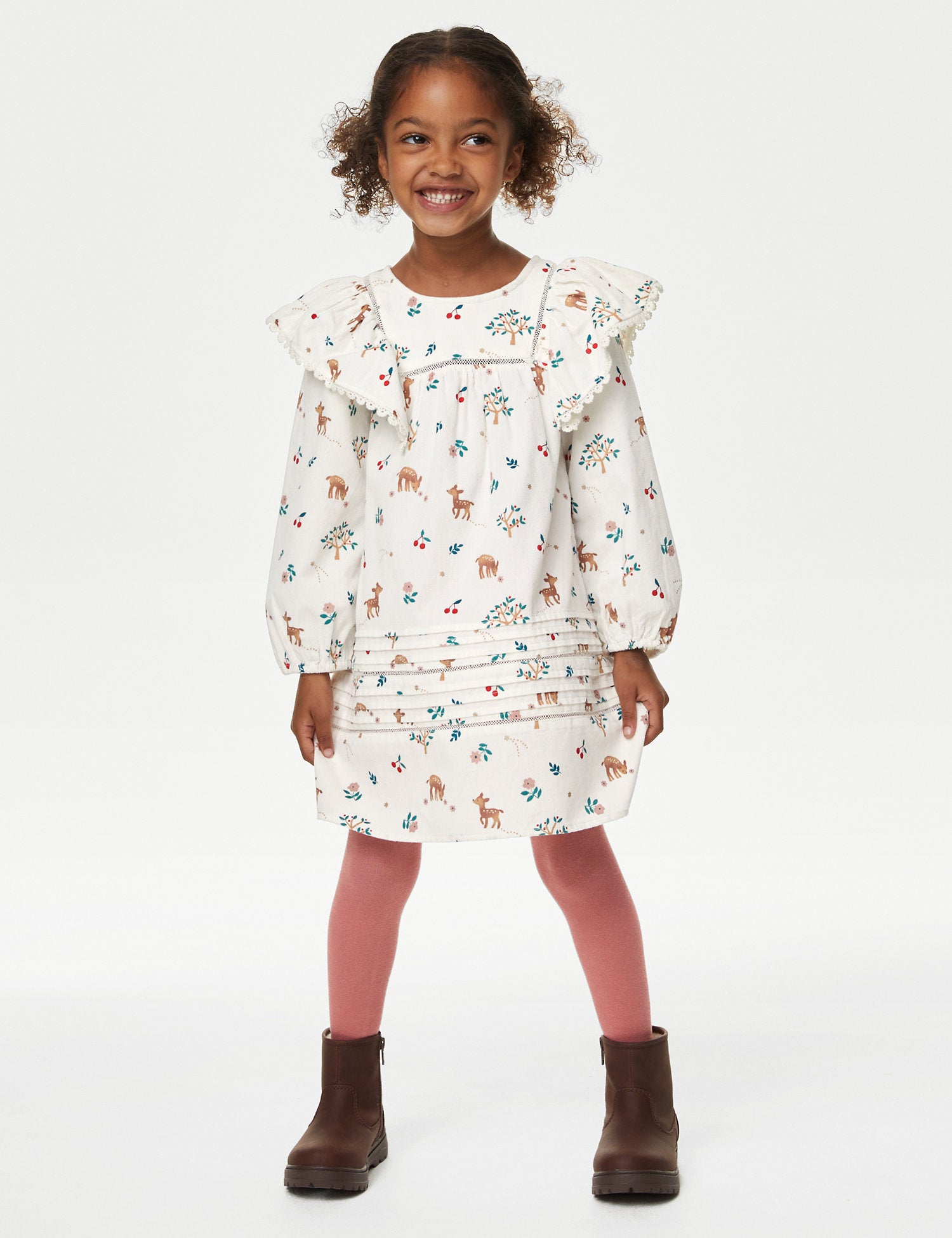 Cotton Rich Deer Print Dress with Tights