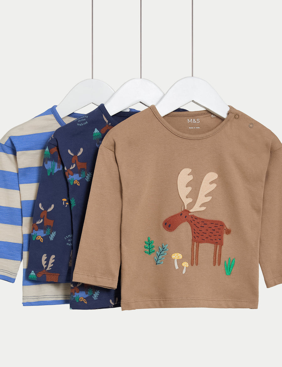 3pk Pure Cotton Moose & Striped Tops