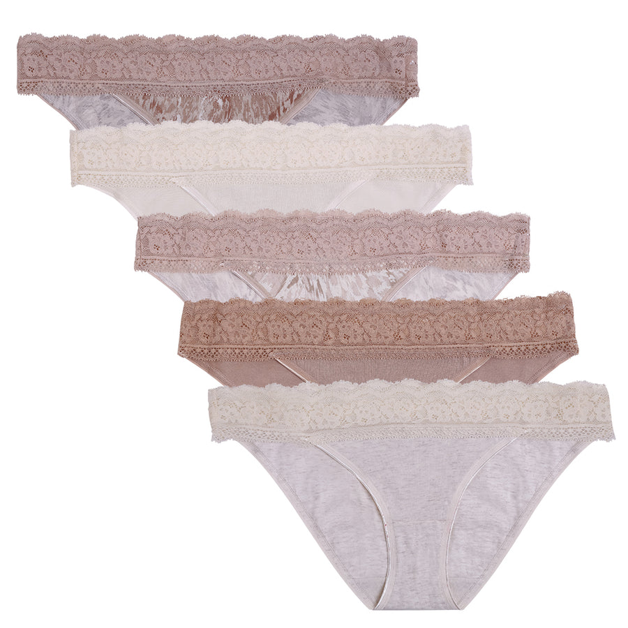 5pk Cotton and Lace Snake Skin Bikini