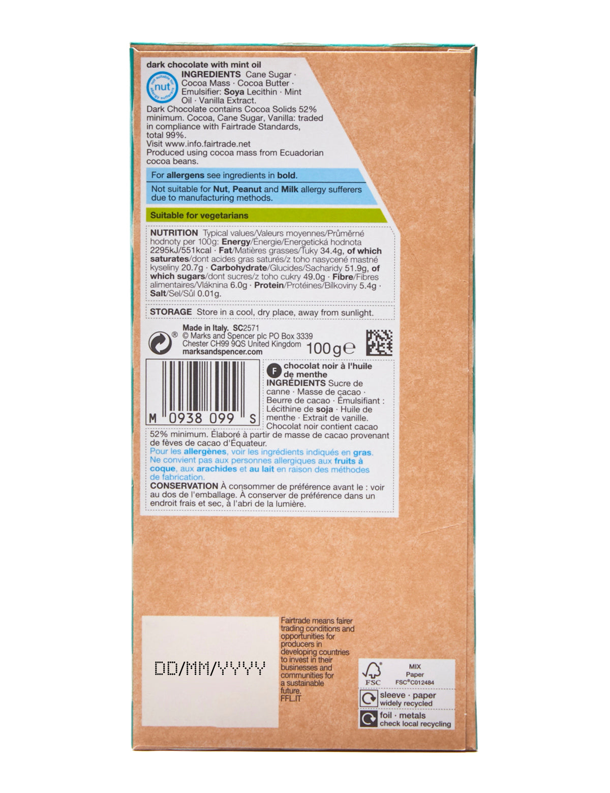 Dark Chocolate with Mint 52% Single Origin Ecuador