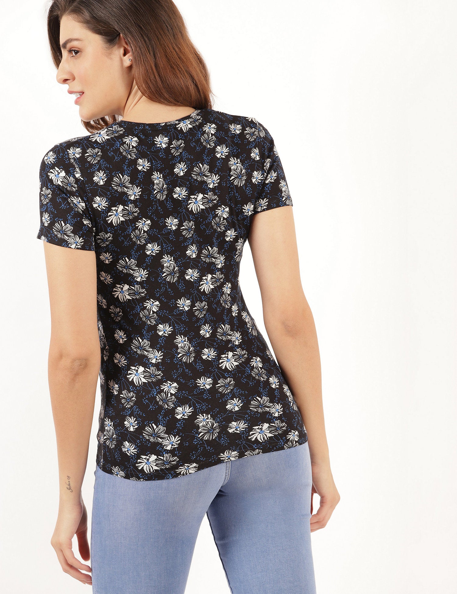Cotton Floral Crew Neck Fitted T-Shirt
