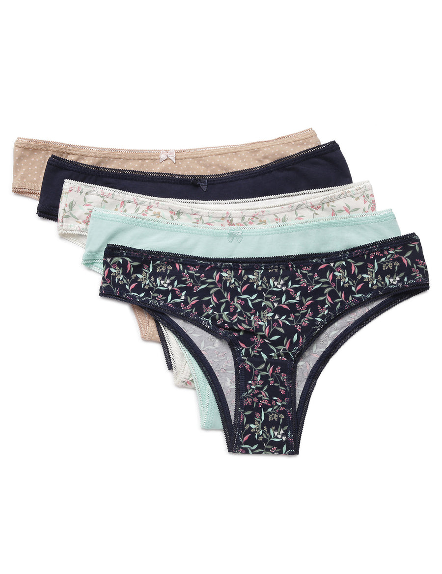 Ditsy Leaf Print 5pk Cotton Lycra Brazillian