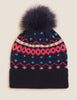 Knitted Fair Isle Faux Fur Pom Beanie Hat