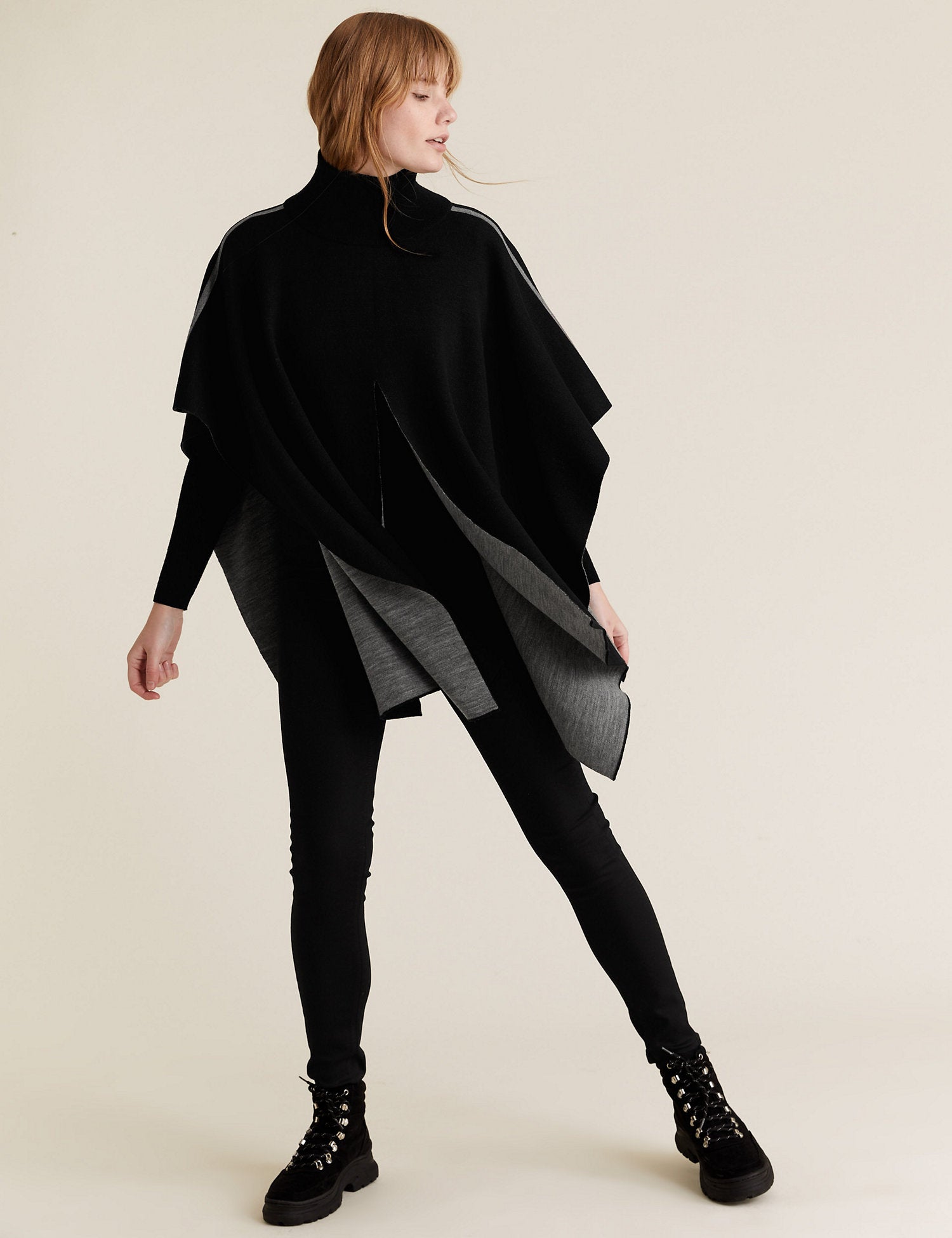 Contrast Funnel Neck Poncho