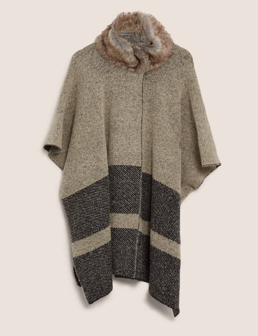 Knitted Striped Faux Fur Collar Poncho