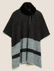 Knitted Striped Faux Fur Collar Poncho