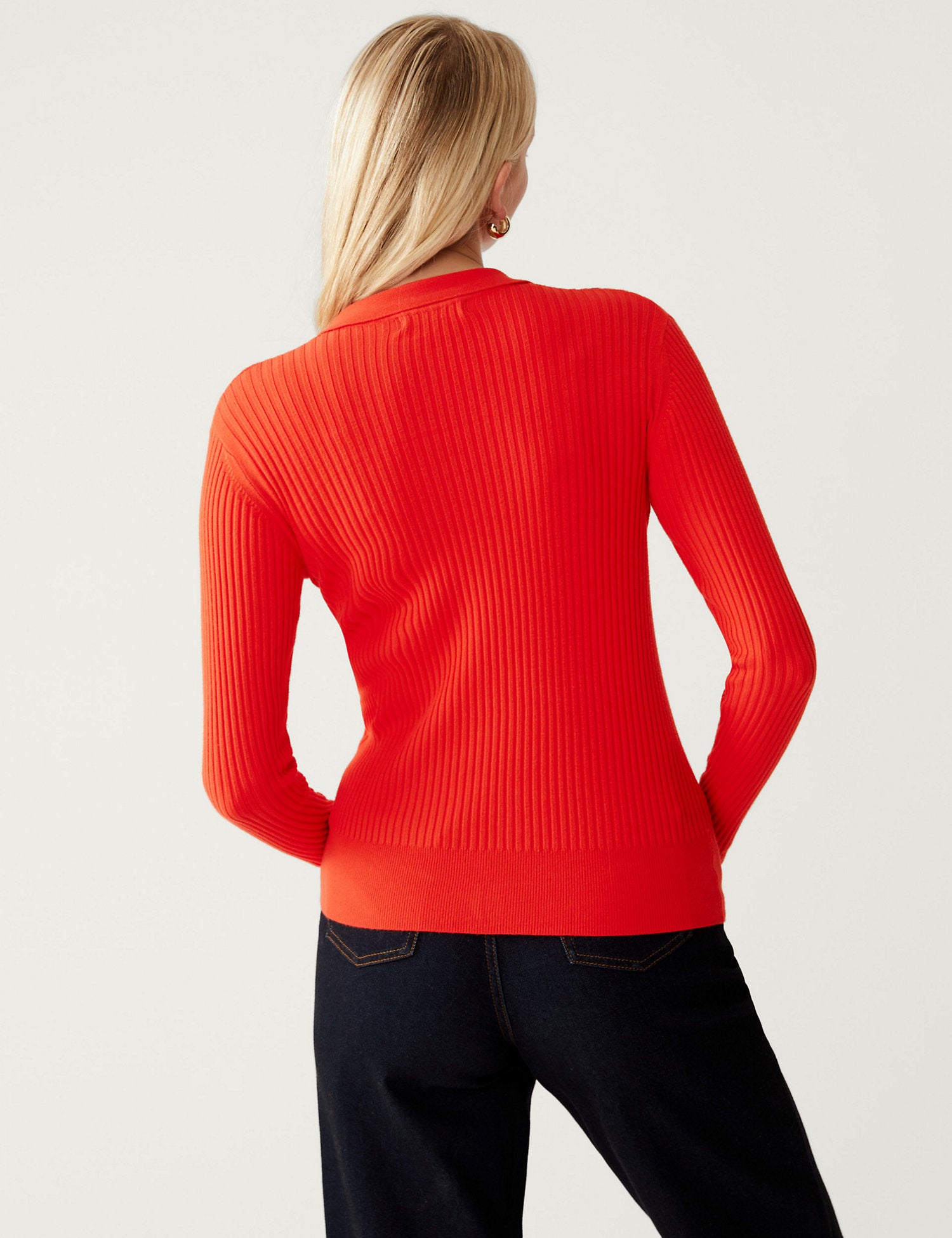 Ribbed Collared V-Neck Jumper