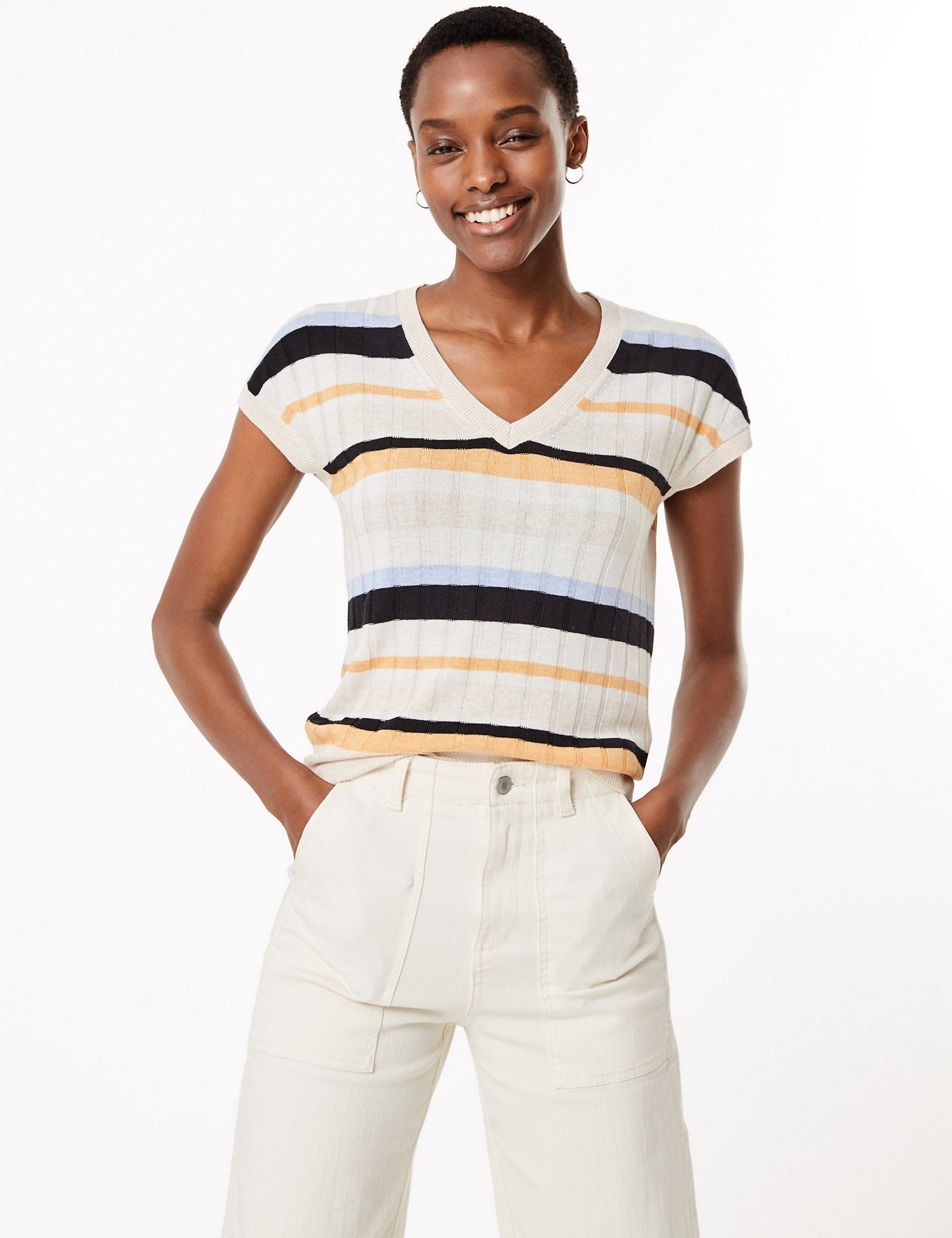 Striped V-Neck Top with Linen
