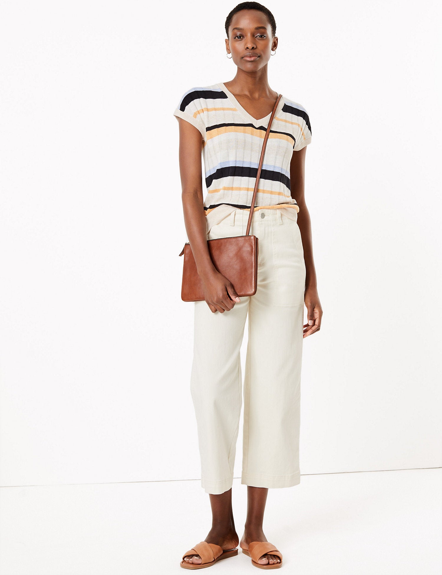 Striped V-Neck Top with Linen
