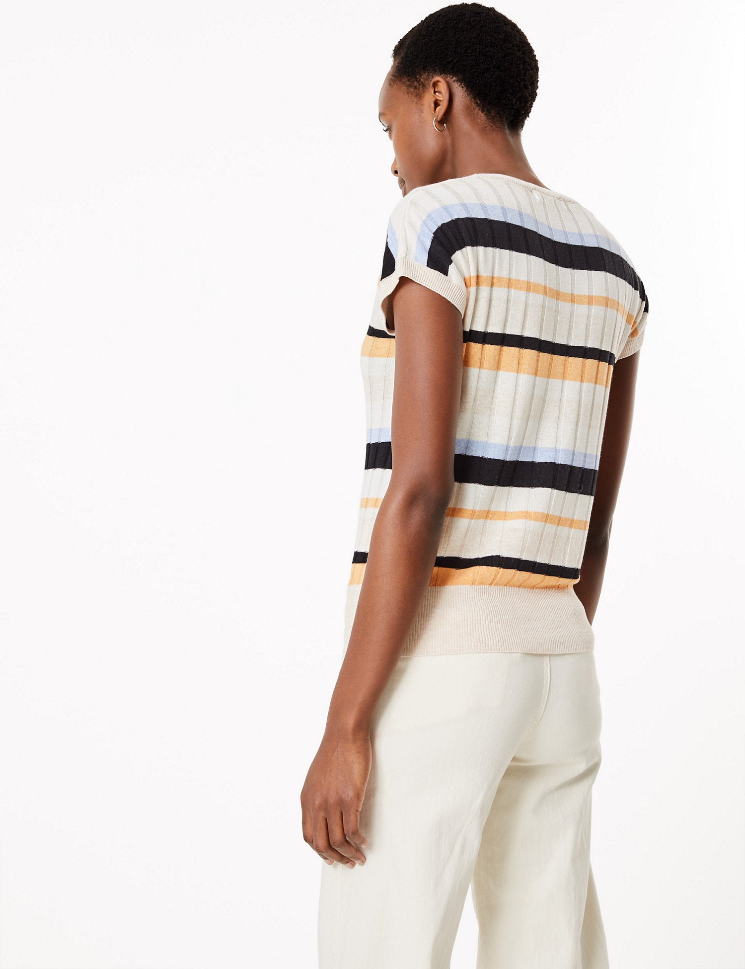 Striped V-Neck Top with Linen
