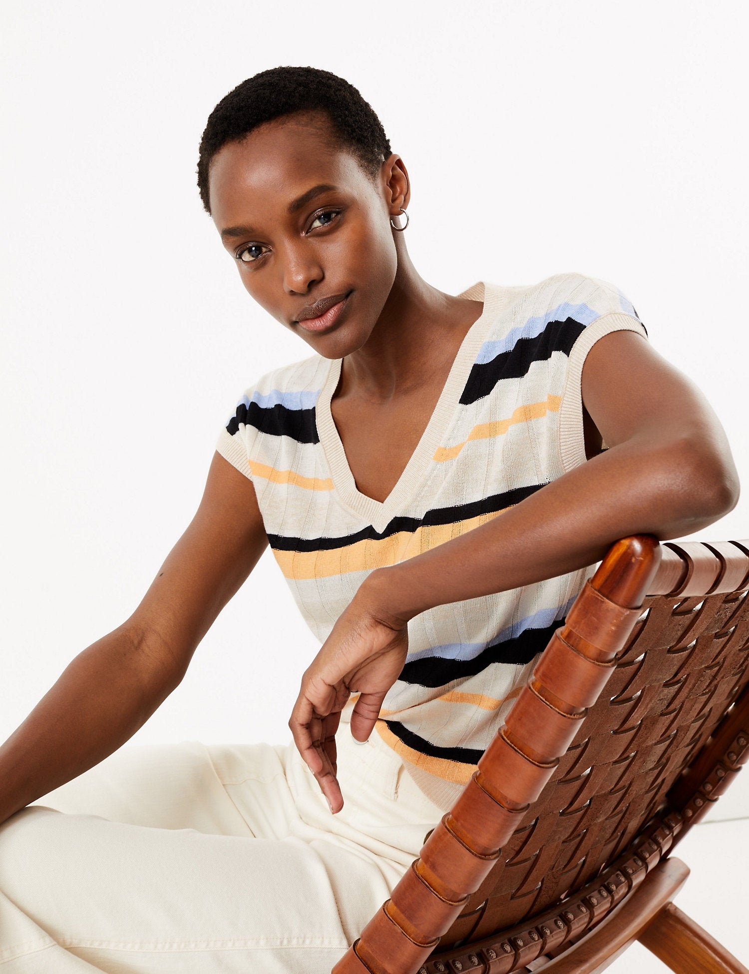 Striped V-Neck Top with Linen