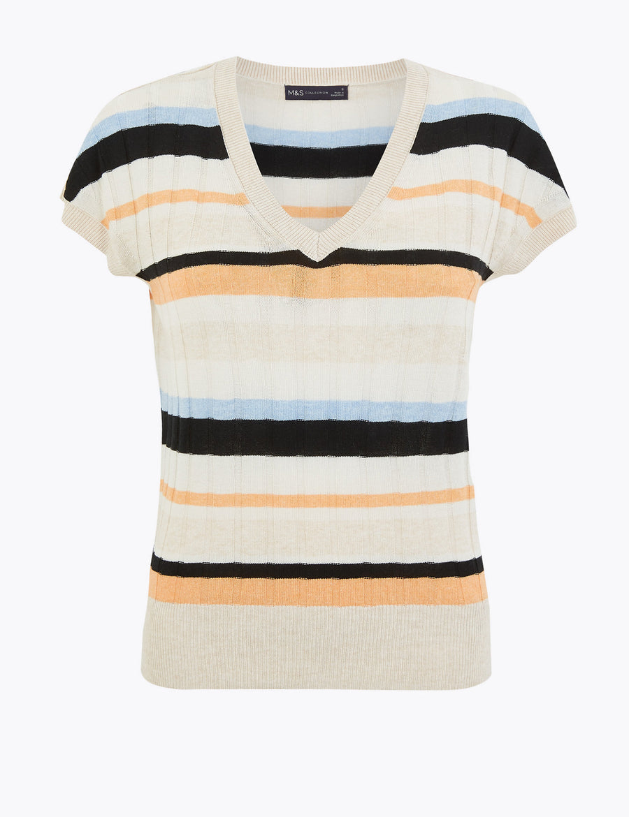 Striped V-Neck Top with Linen