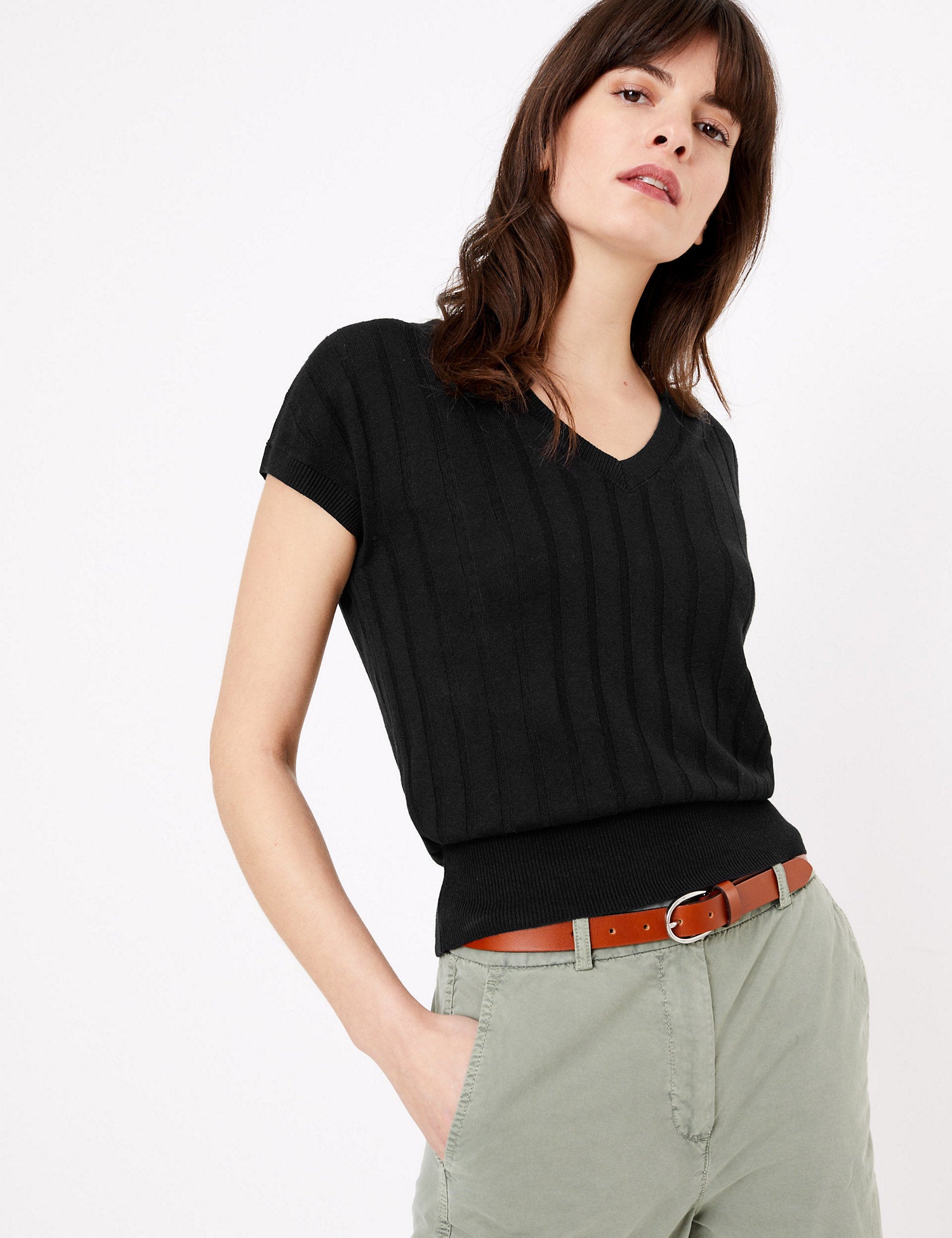 Ribbed Knitted V-Neck Top