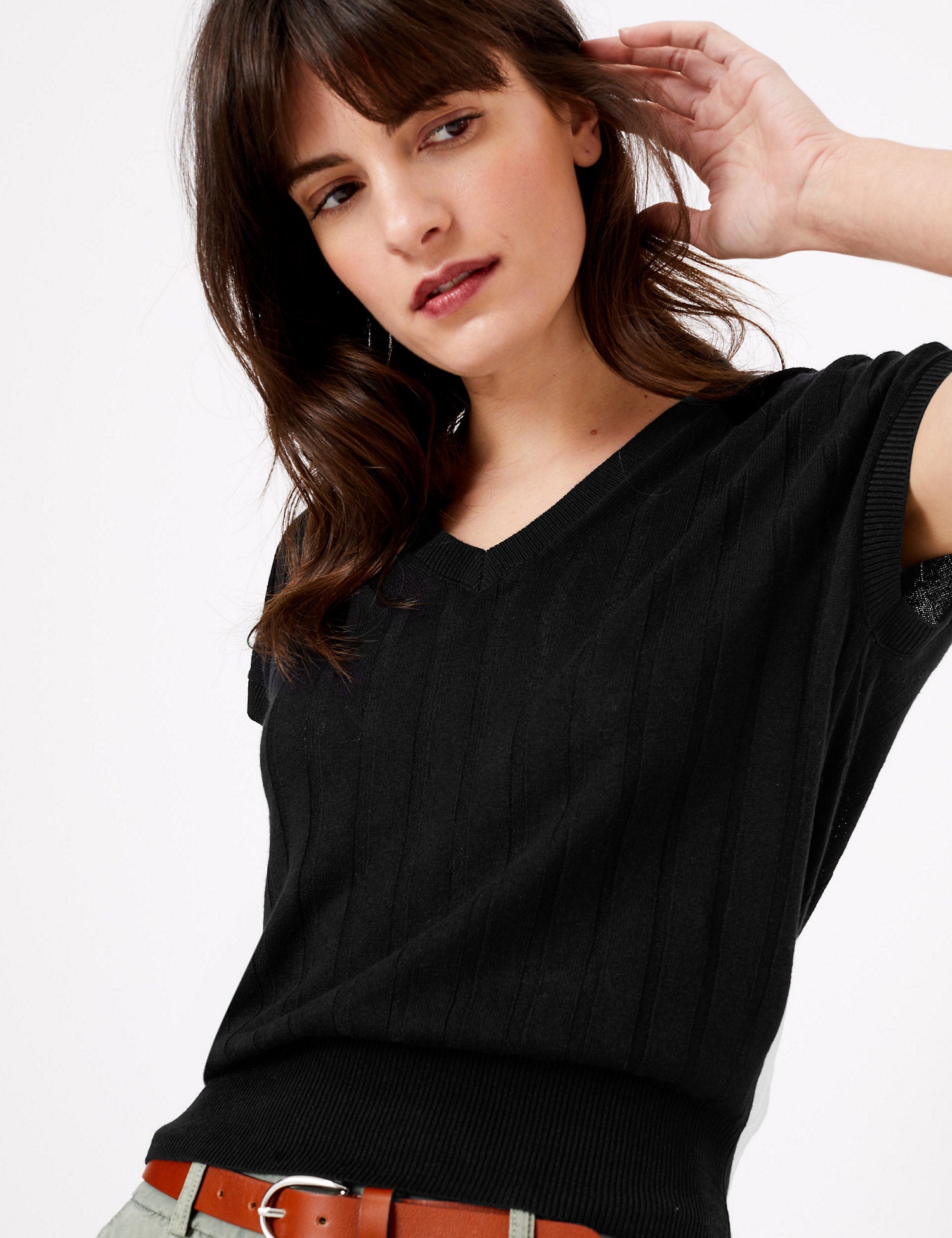 Ribbed Knitted V-Neck Top