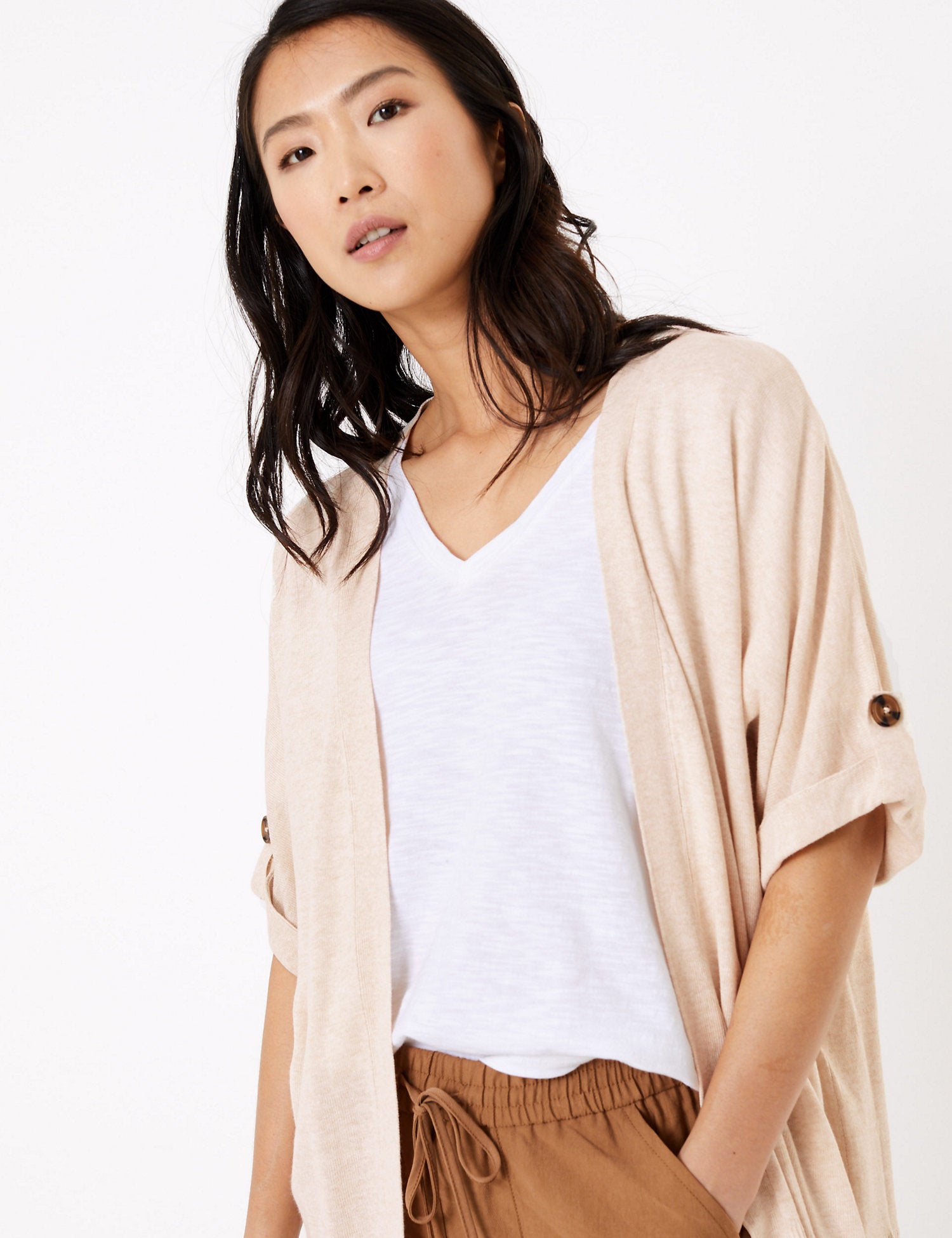 Short Sleeve Relaxed Cardigan with Linen