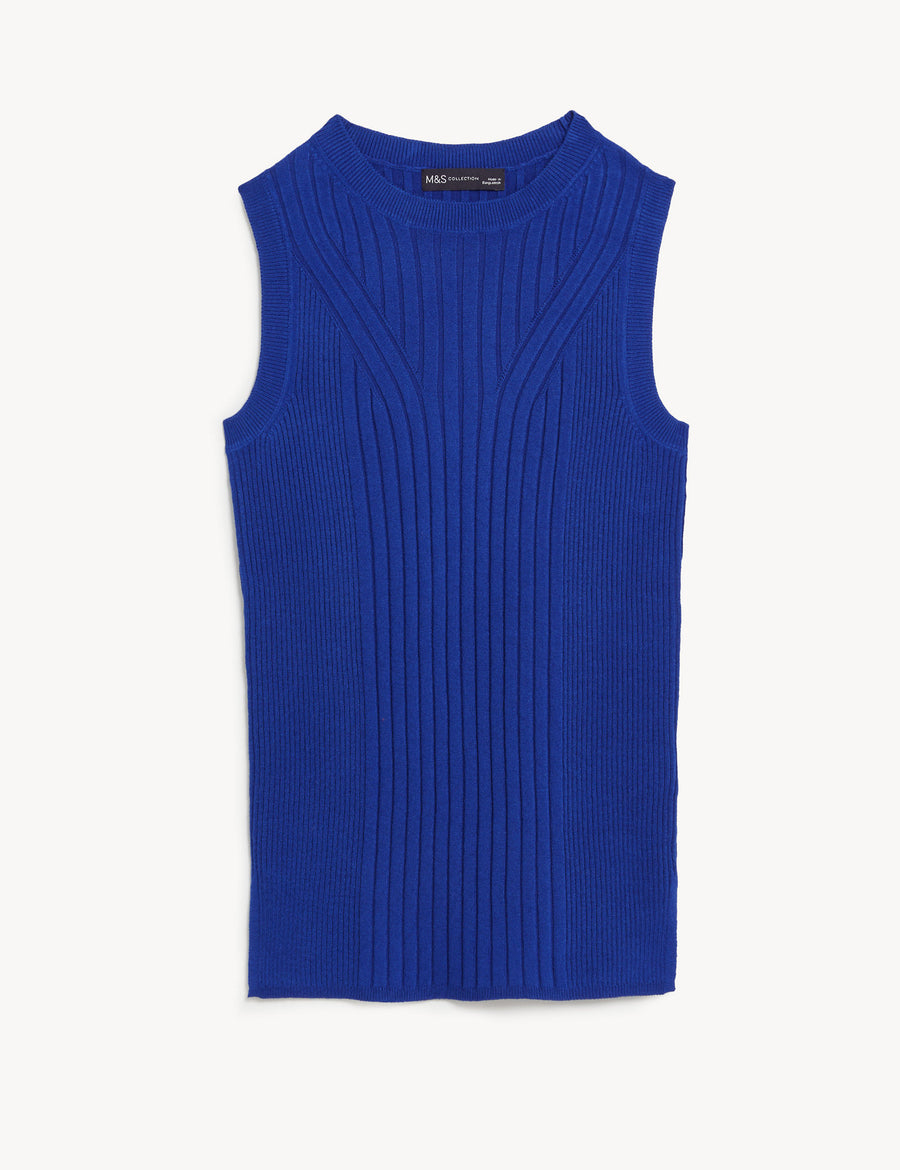 Ribbed Crew Neck Fitted Knitted Vest
