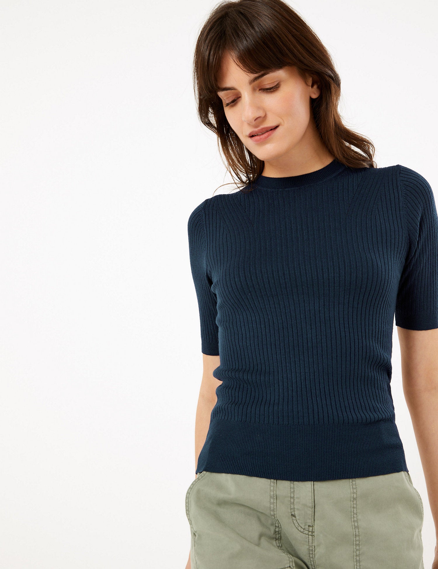 Ribbed Crew Neck Fitted Short Sleeve Jumper