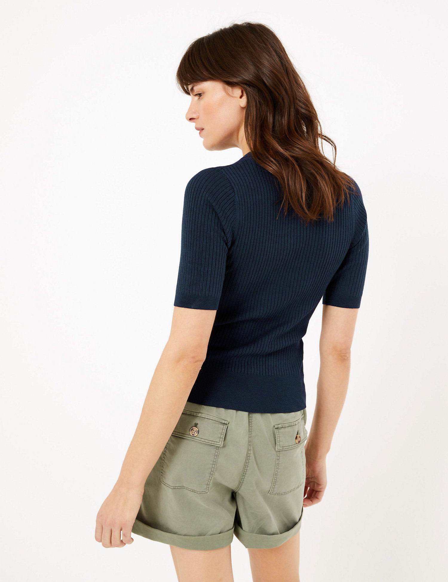 Ribbed Crew Neck Fitted Short Sleeve Jumper
