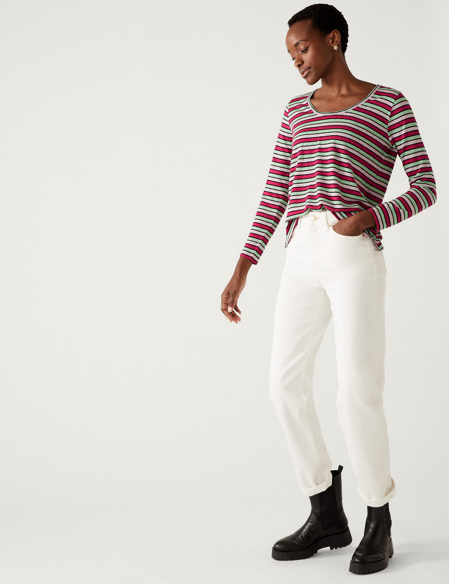 Linen Blend Striped Scoop Neck Top