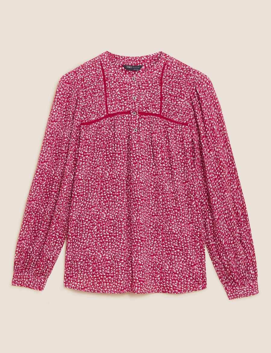 Printed Round Neck Long Sleeve Blouse