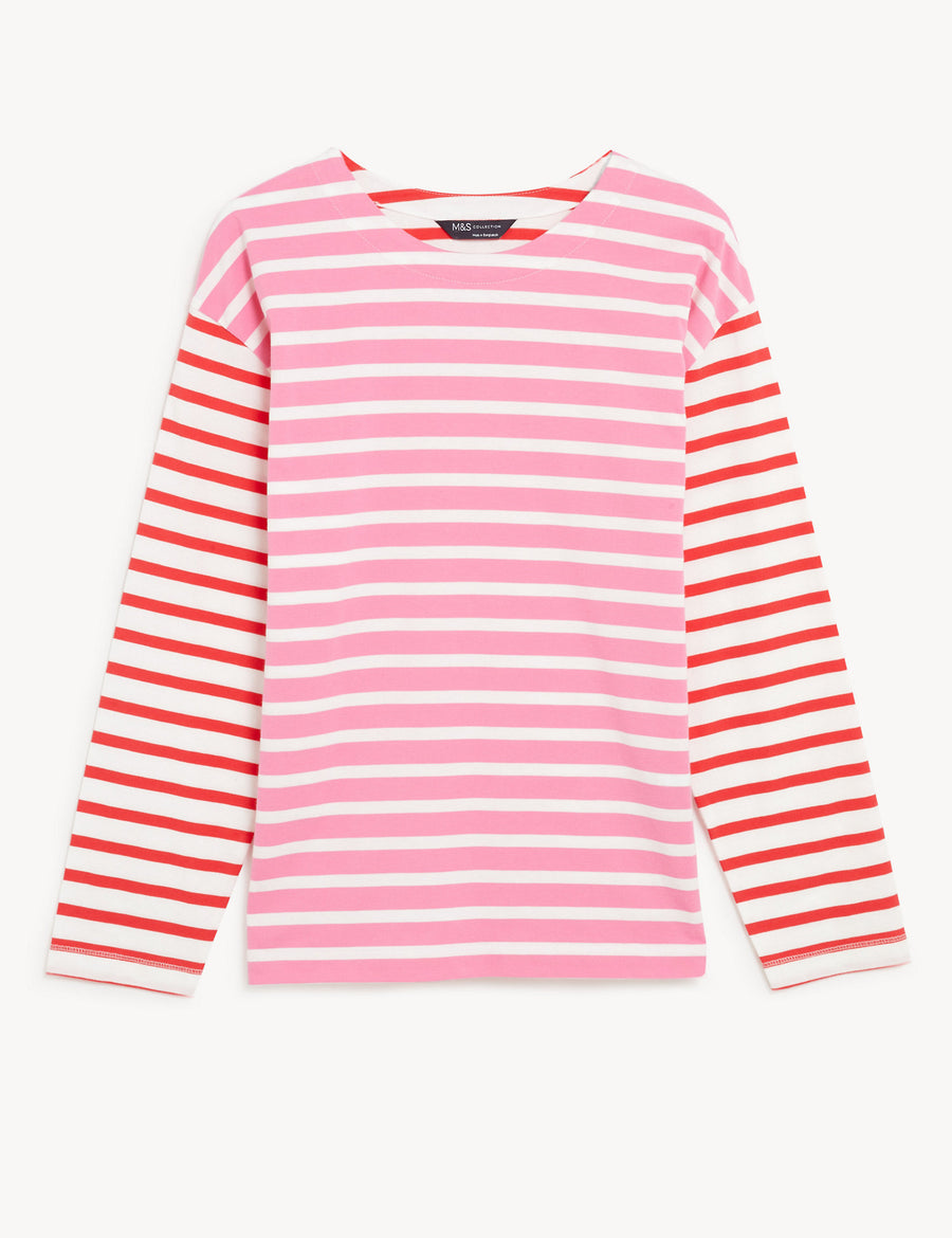 Pure Cotton Striped Crew Neck Top