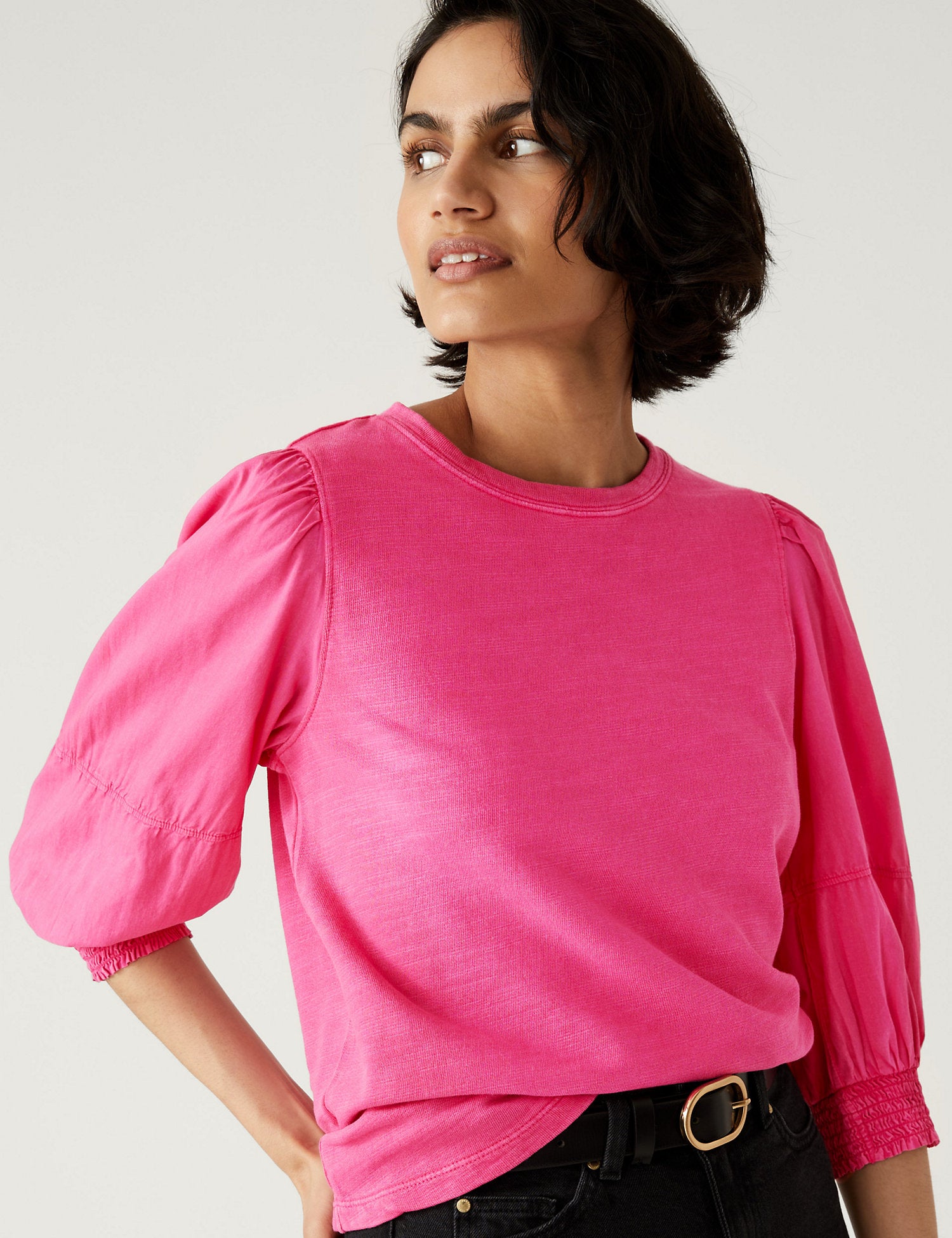 Pure Cotton Crew Neck Volume Sleeve Top
