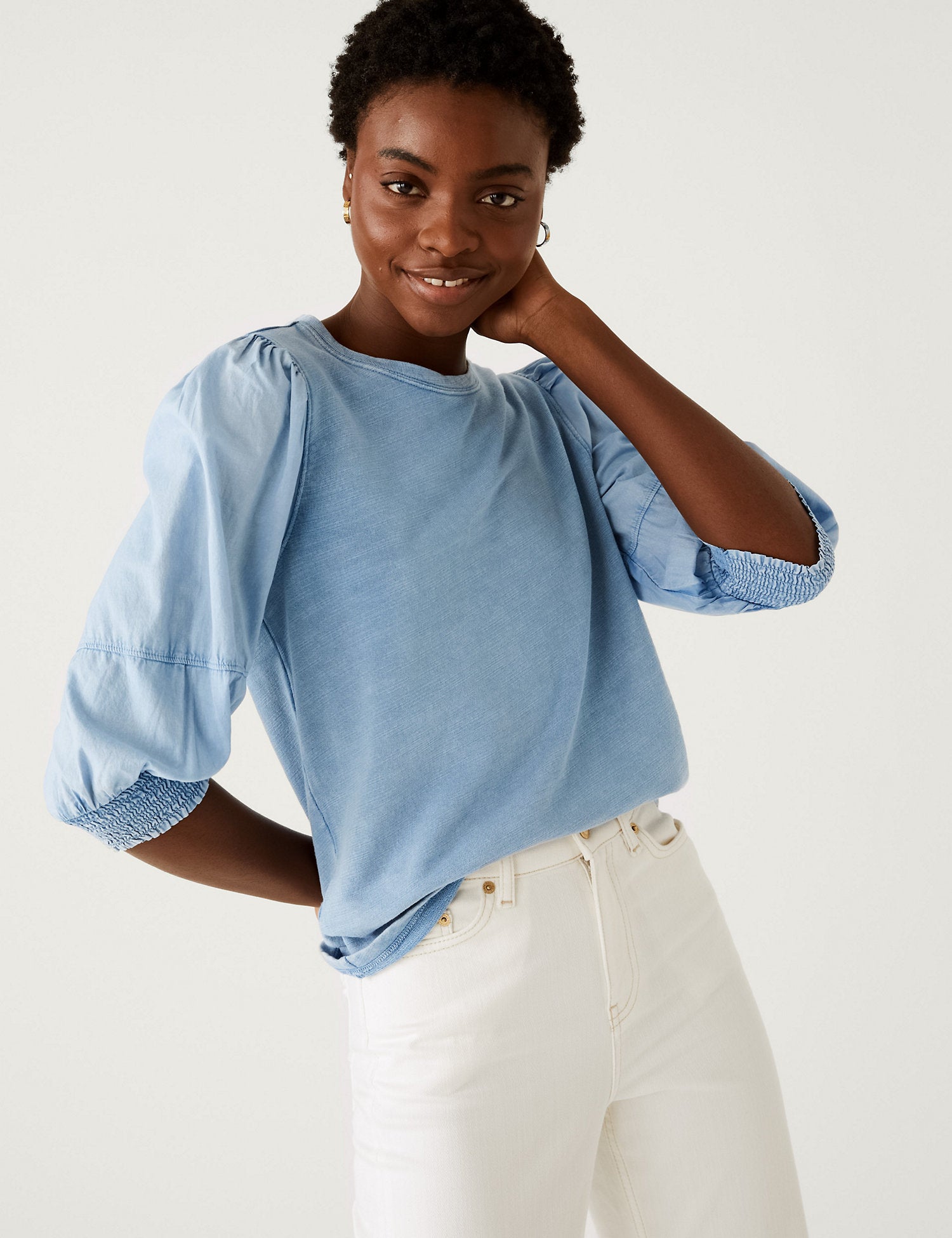 Pure Cotton Crew Neck Volume Sleeve Top