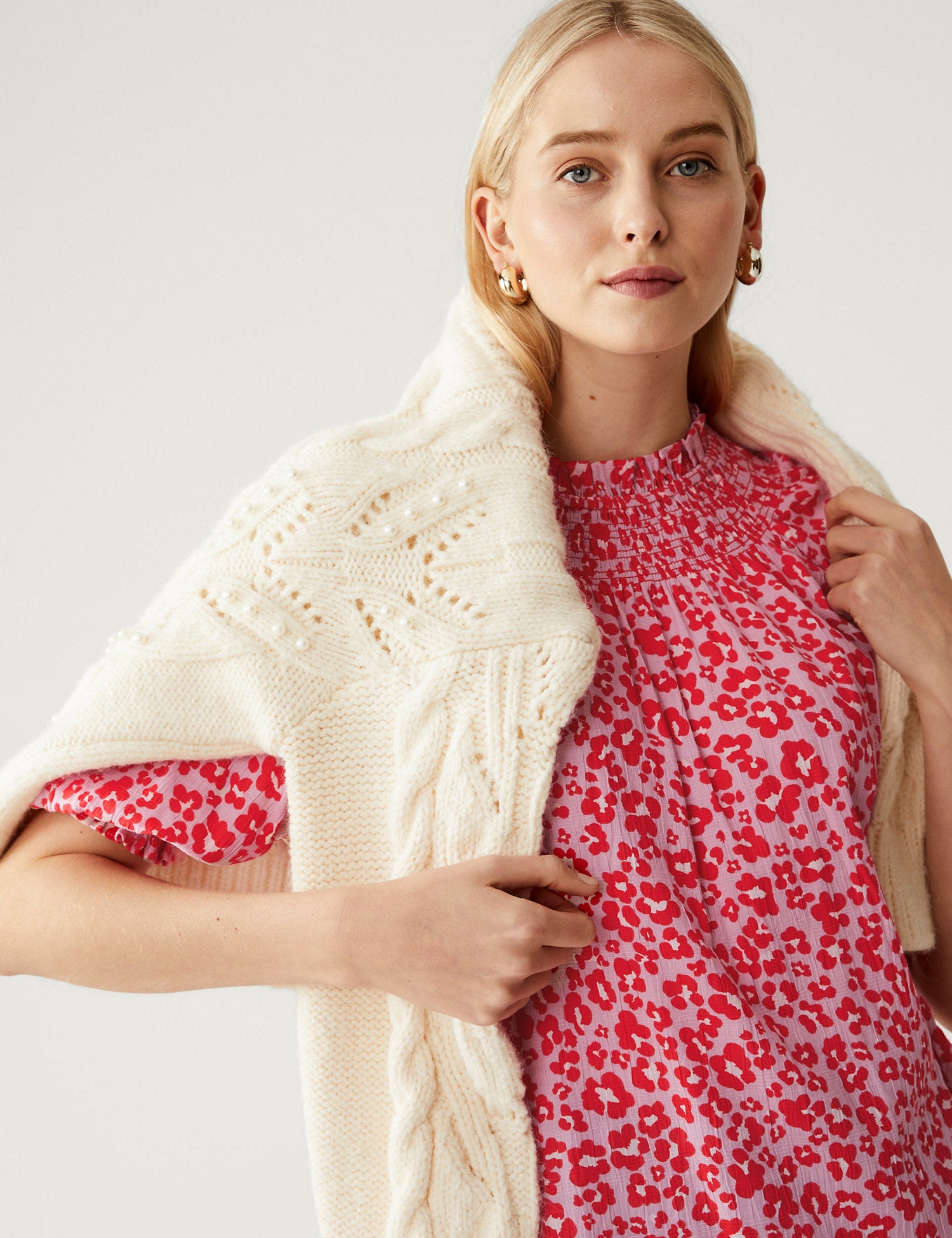 Cotton Blend Printed Shirred Blouse