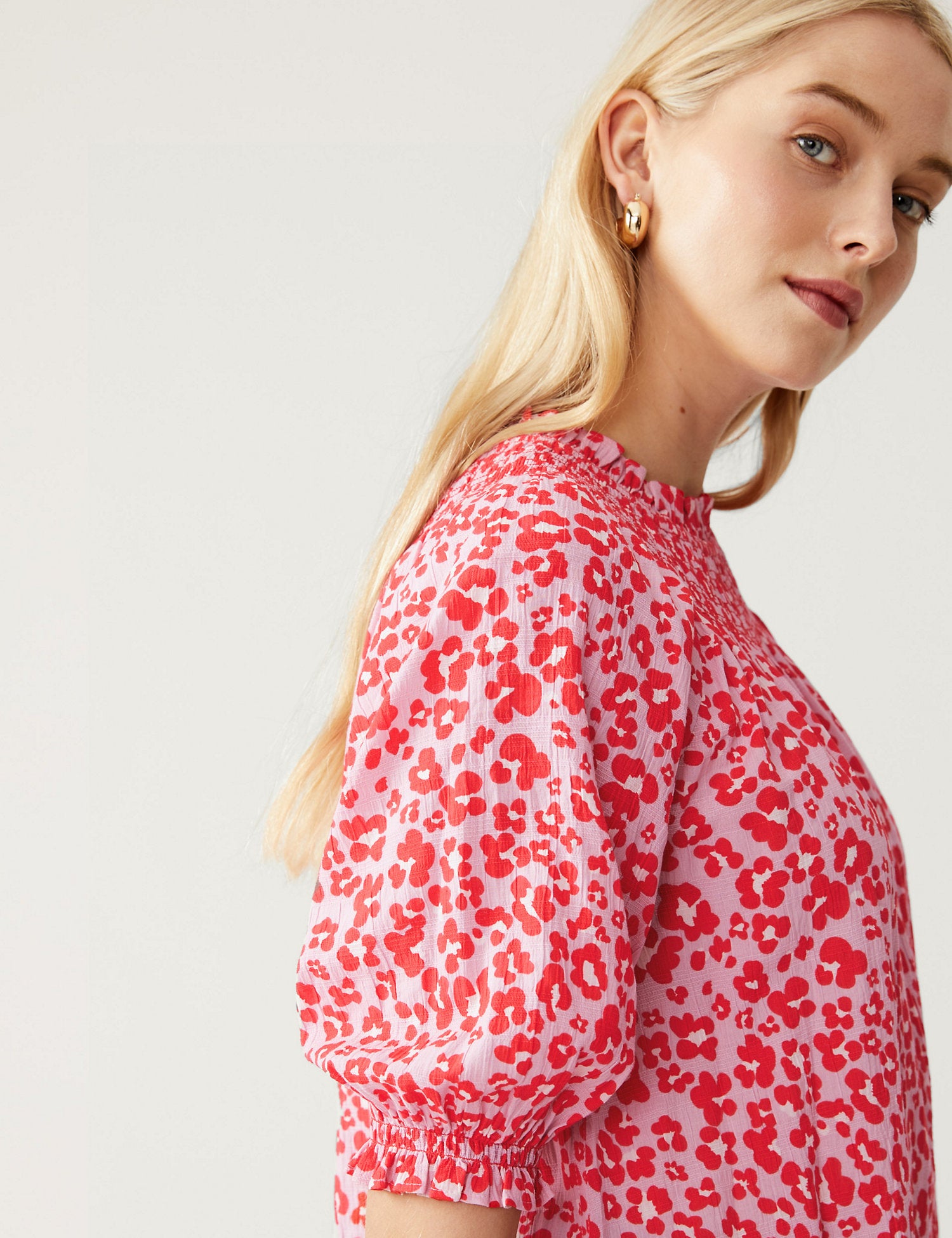 Cotton Blend Printed Shirred Blouse