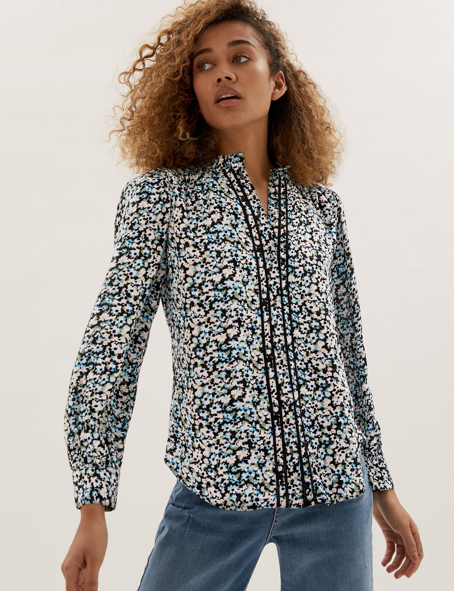 Printed Frill Neck Long Sleeve Blouse