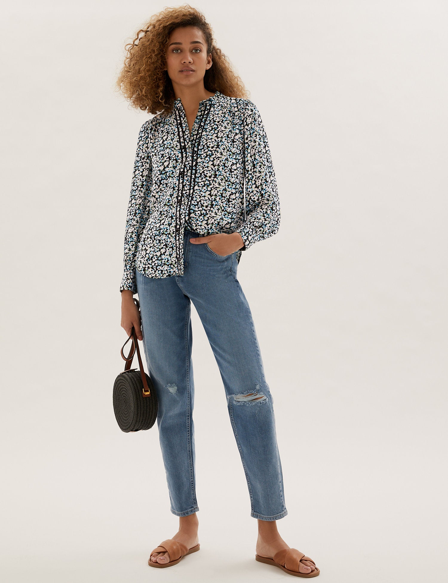 Printed Frill Neck Long Sleeve Blouse