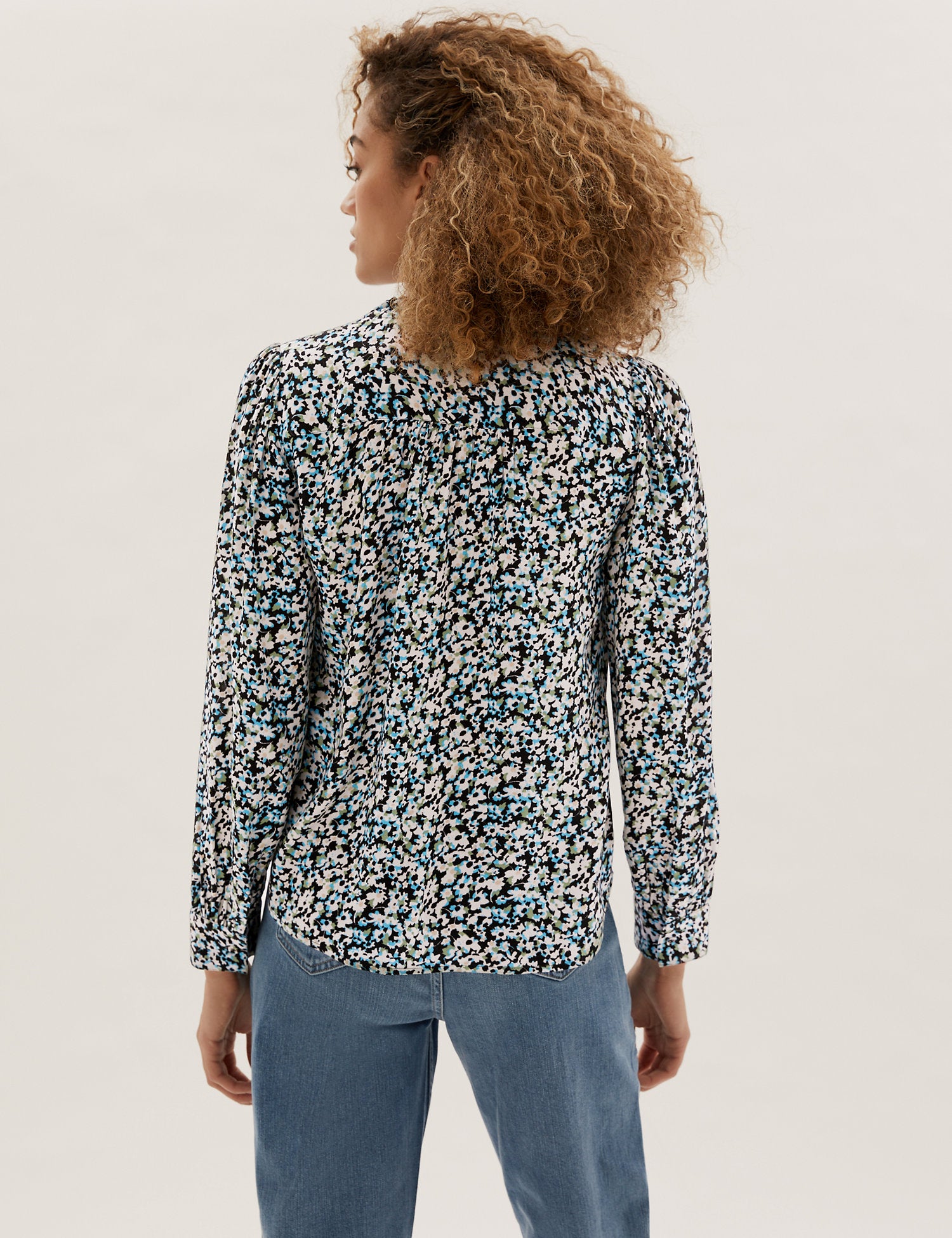 Printed Frill Neck Long Sleeve Blouse