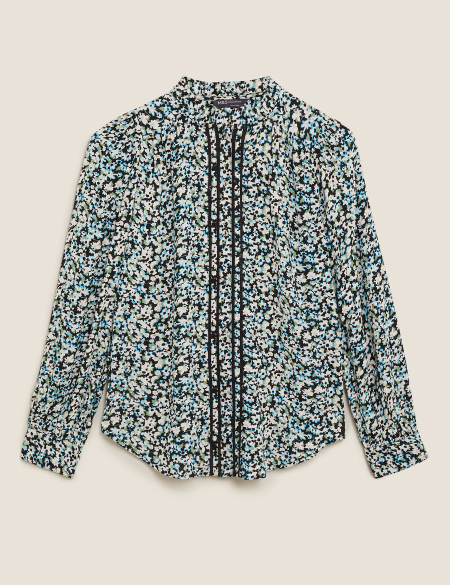 Printed Frill Neck Long Sleeve Blouse