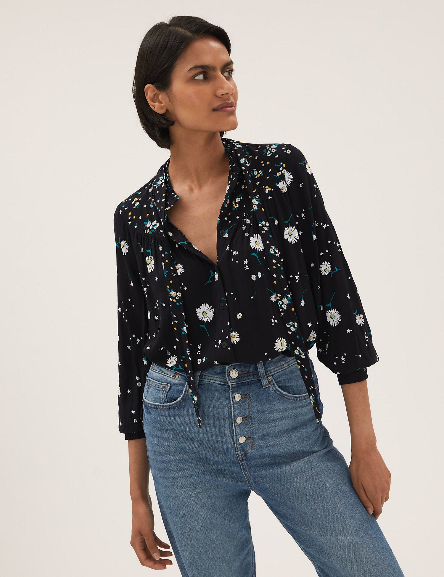 Floral Removable Tie Neck Blouse