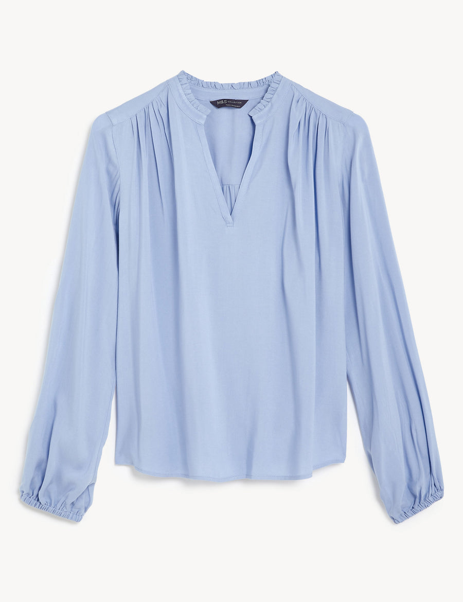 Collarless Regular Fit Long Sleeve Blouse