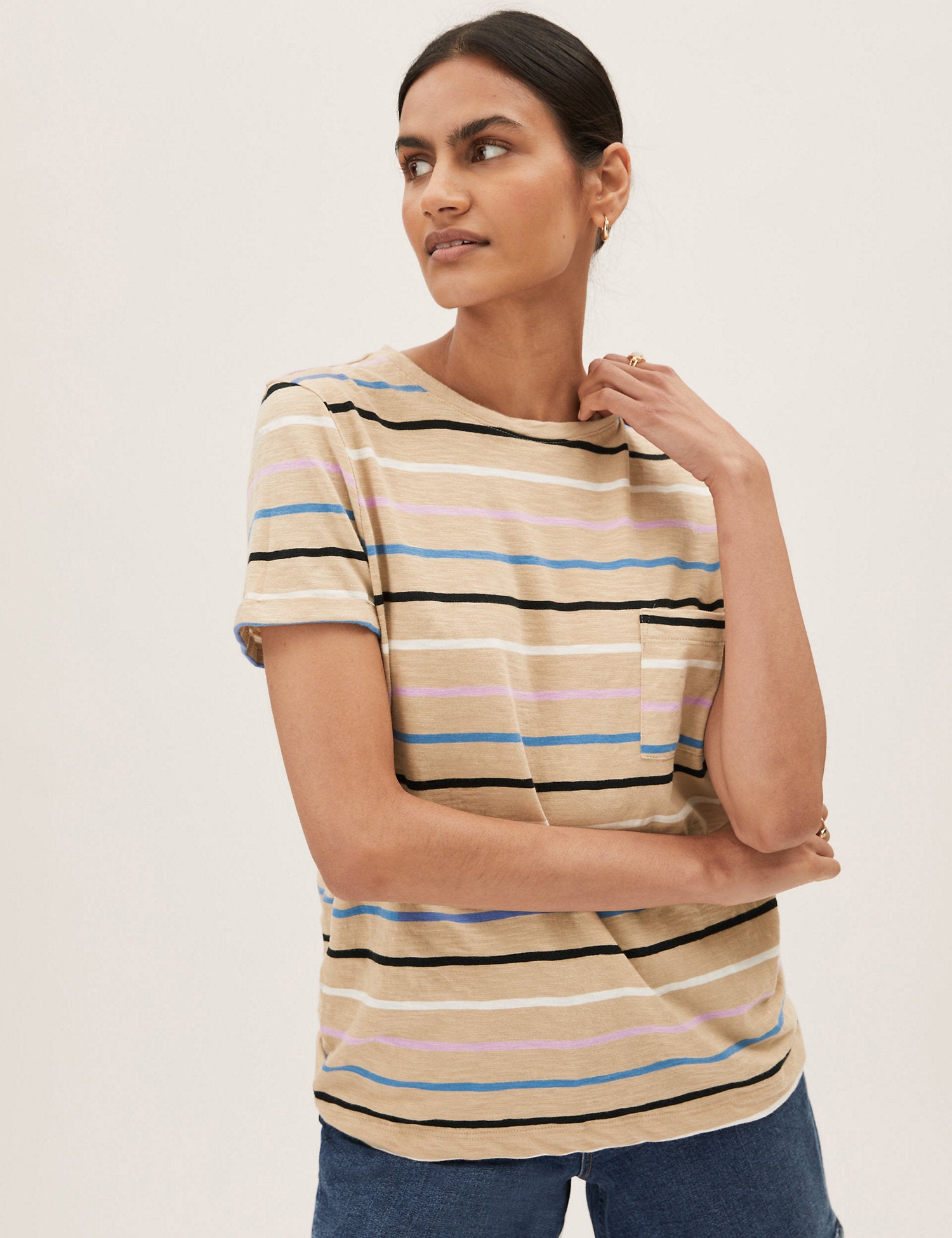 Pure Cotton Striped Crew Neck T-Shirt
