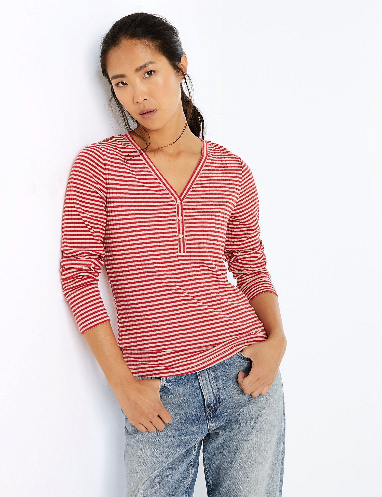 Striped V Neck Fitted Henley Top