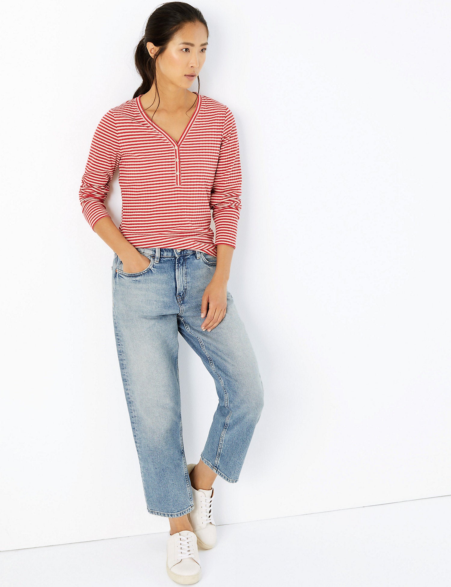 Striped V Neck Fitted Henley Top