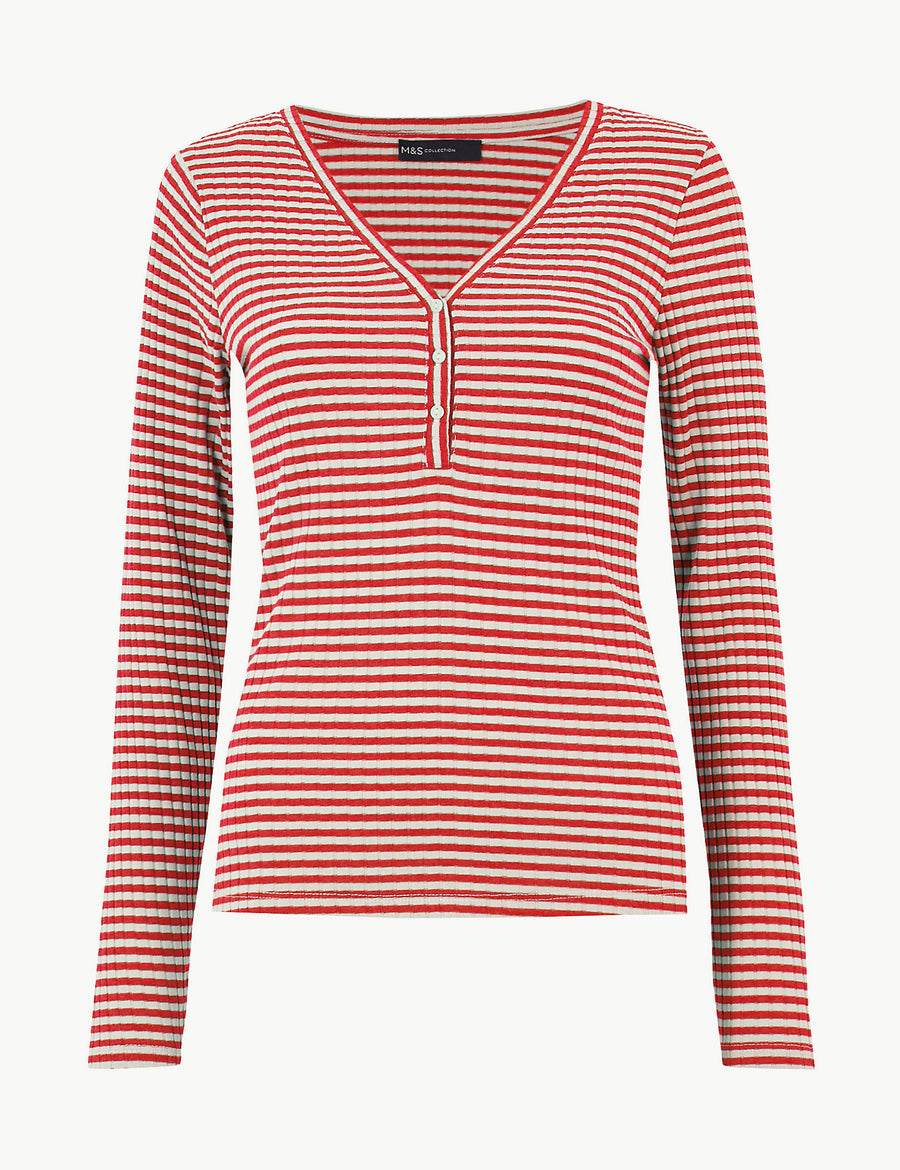 Striped V Neck Fitted Henley Top