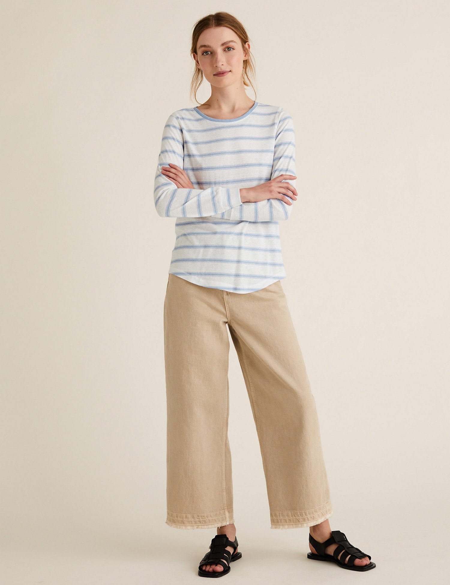 Linen Striped Straight Fit Long Sleeve Top