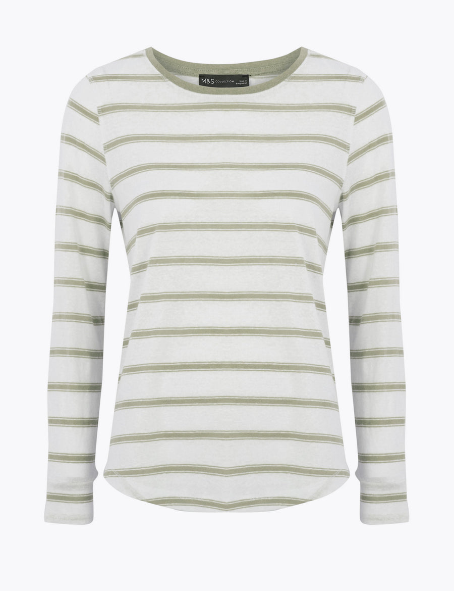 Linen Striped Straight Fit Long Sleeve Top