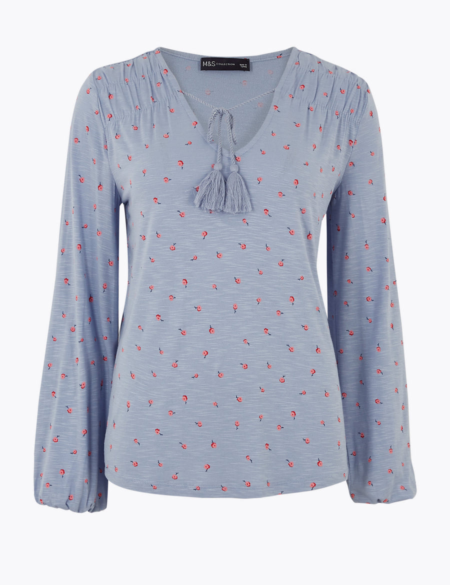 Floral V-Neck Relaxed Long Sleeve Blouse