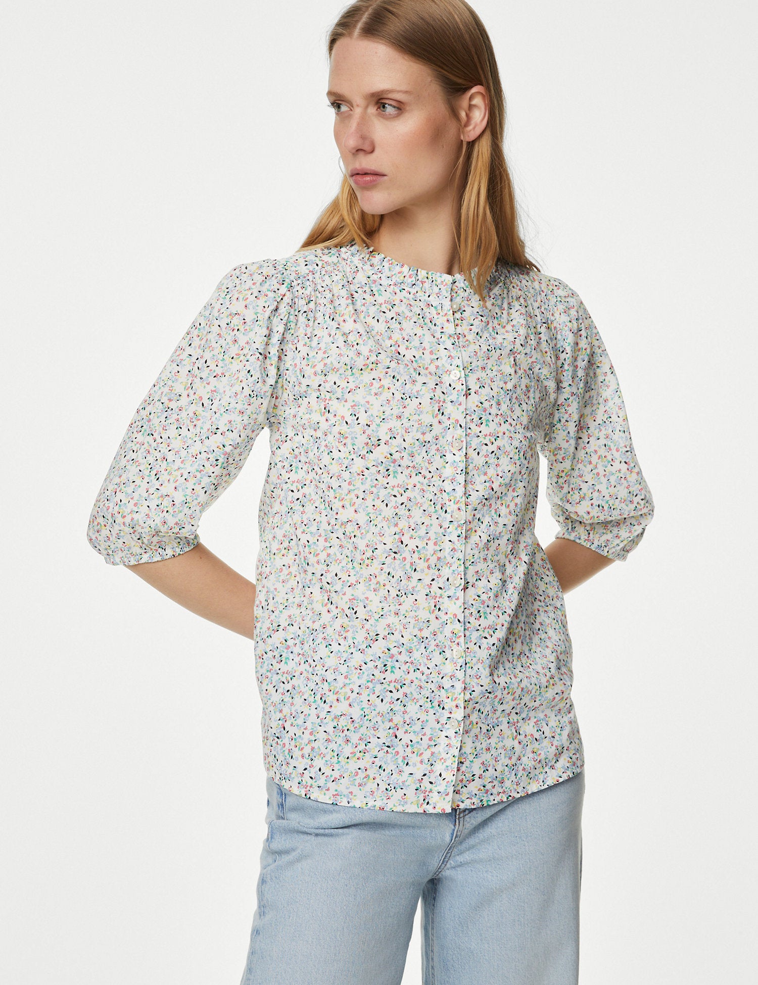 Pure Cotton Floral Puff Sleeve Blouse