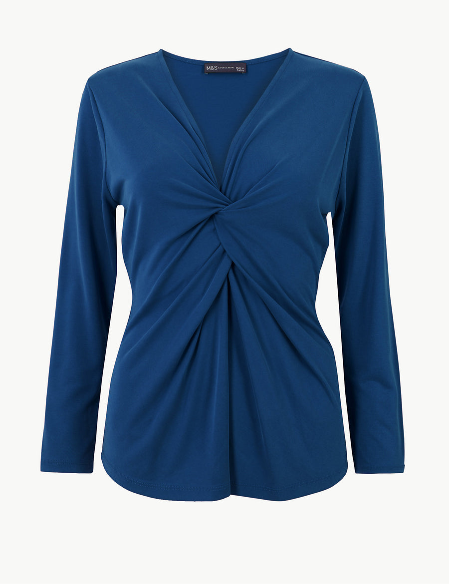 Twisted Front V-Neck Fitted Long Sleeve Top
